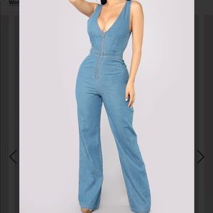 70s vibe Jean jumpsuit , low v cut flared leg